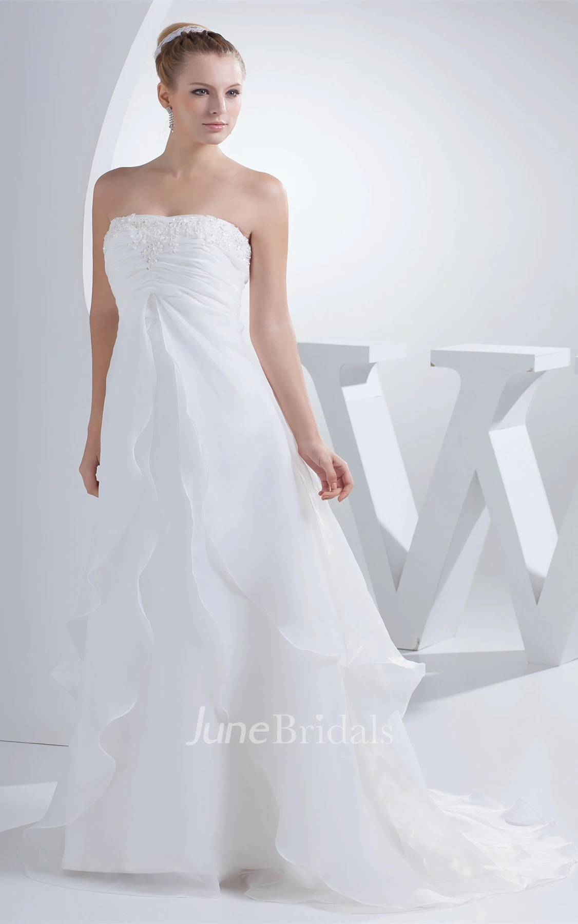 Strapless Ruched Empire A-Line Gown with Appliques
