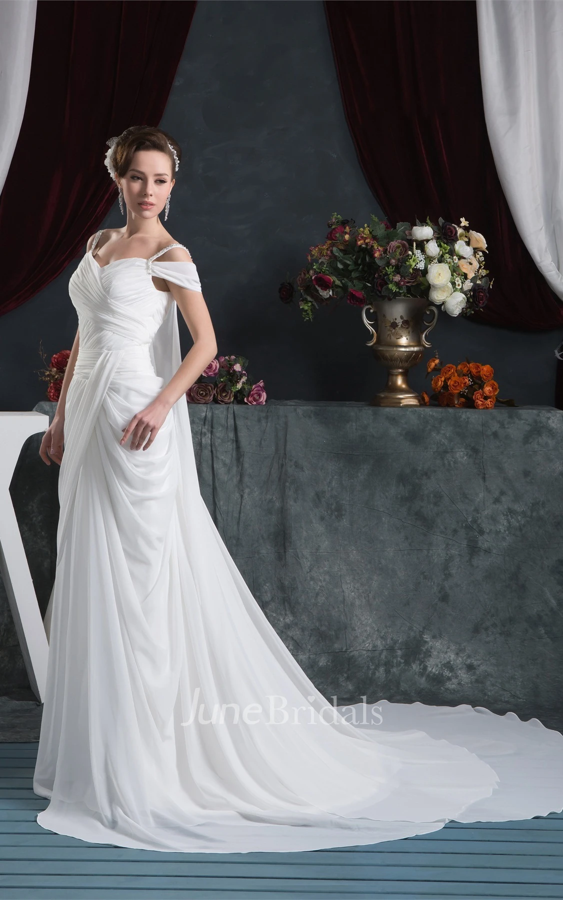 Chiffon Criss-Cross Maxi Dress with Draping and Sweep Train