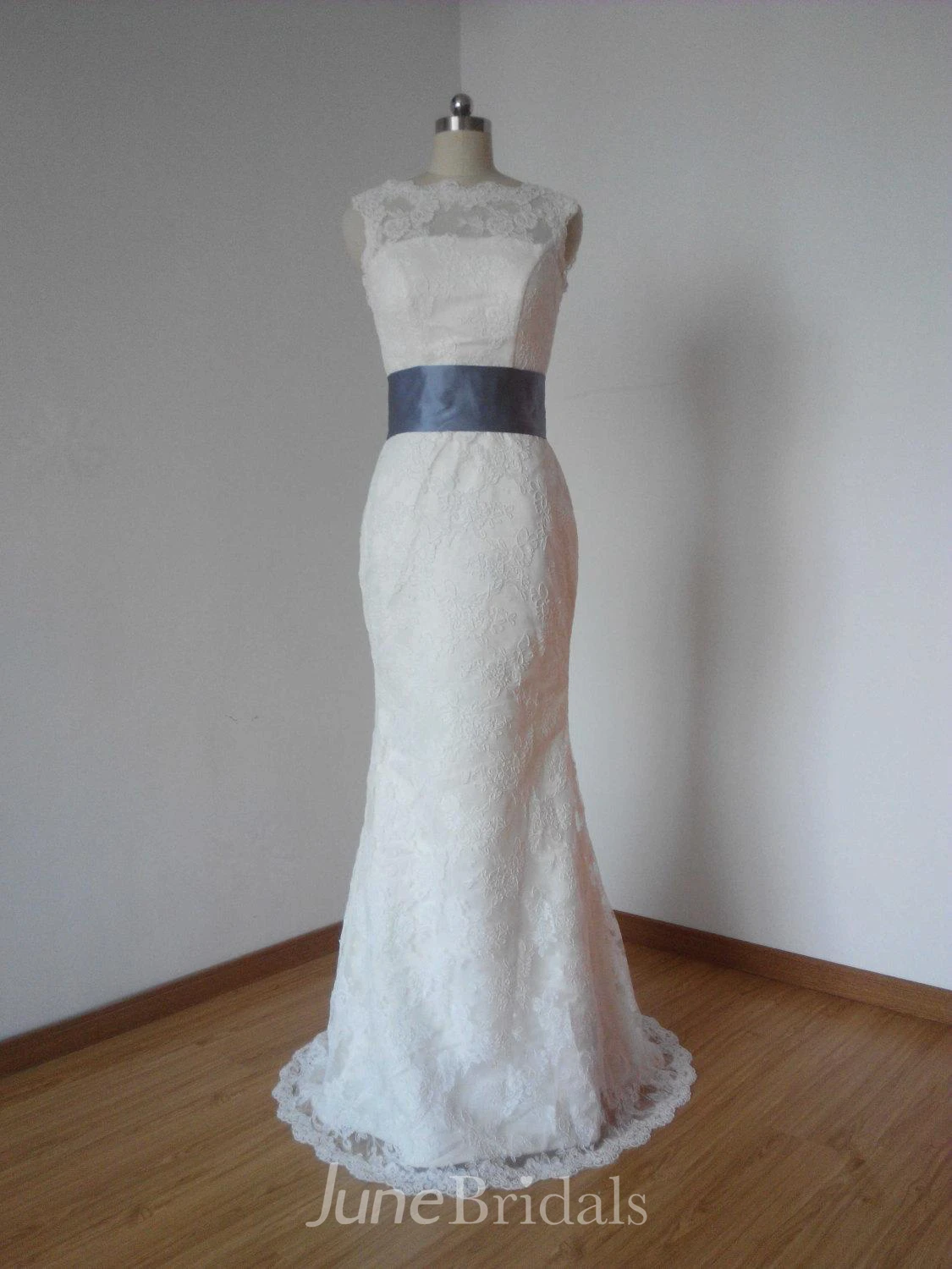 Sheath V-Back Ivory Lace Long Wedding Dress With Grey Sash and Back Buttons