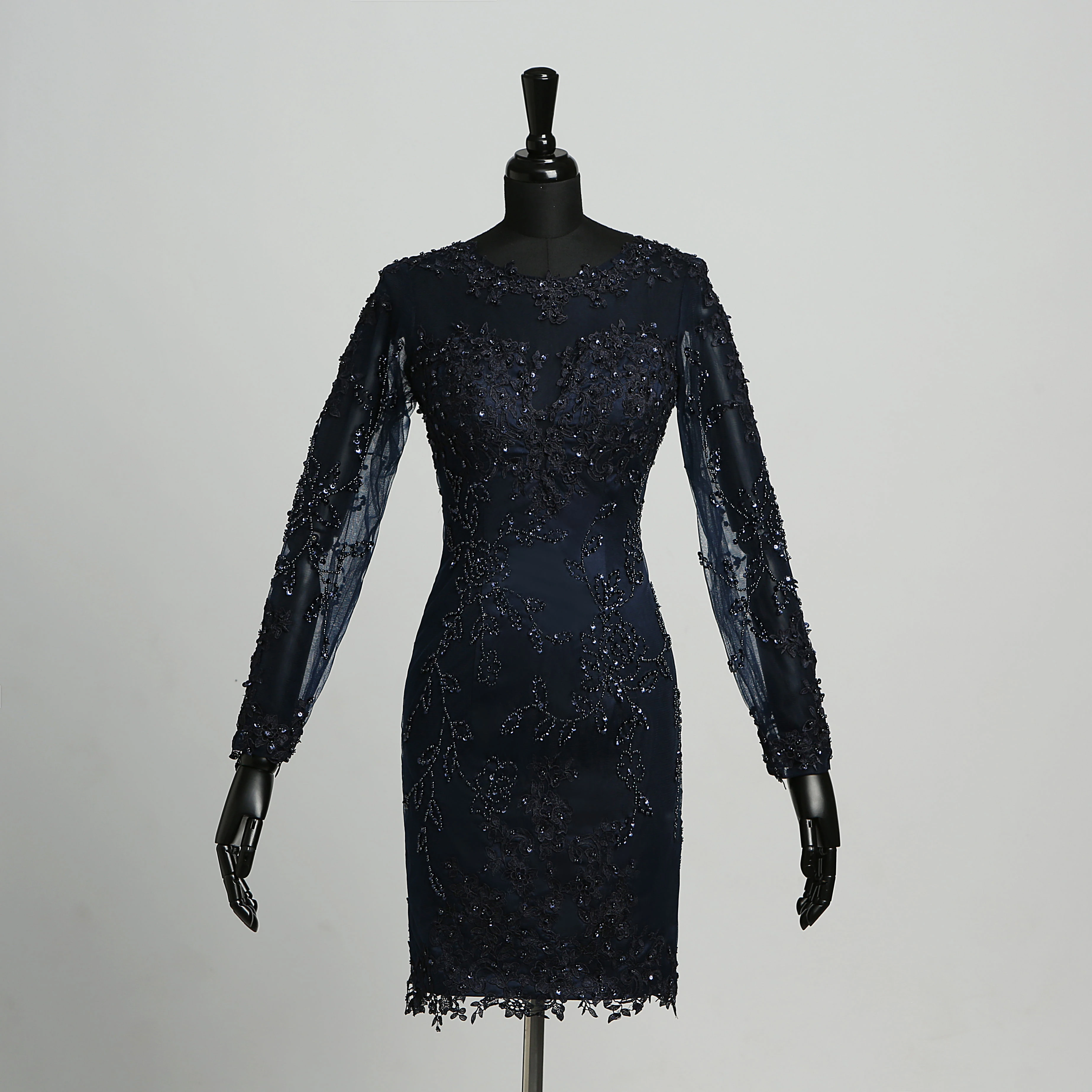 Bodycon Scoop Satin Elegant Knee-length Long Sleeve Zipper Dress with Appliques Sequins