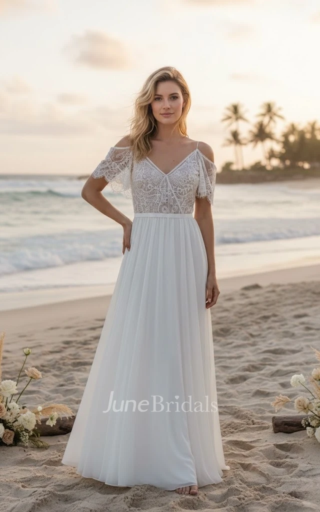 Off-The-Shoulder Lace Beach Wedding Dress Boho A-Line Backless Bridal Gown