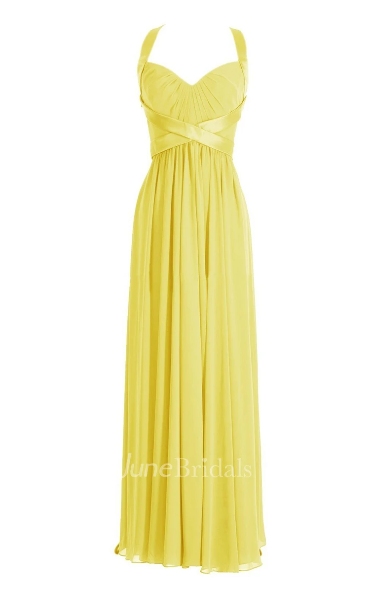 Halter Pleated Chiffon A-line Gown With Deep-v Back