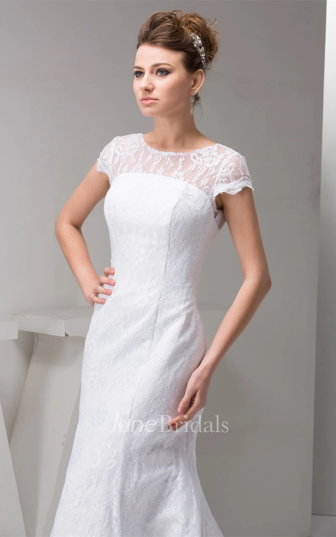 Short-Sleeve Lace Column Gown with Low-V Back