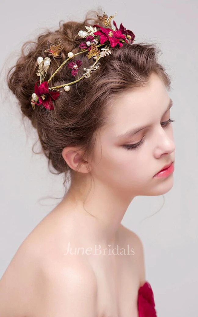 Vintage Korean Pink Metal Flowers Bridal Tiara