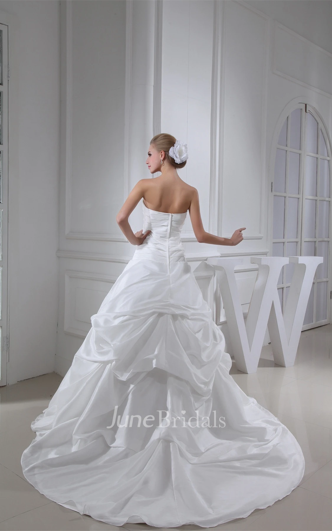 Long A-Line Strapless Taffeta Dress with Ruffles and Bandage