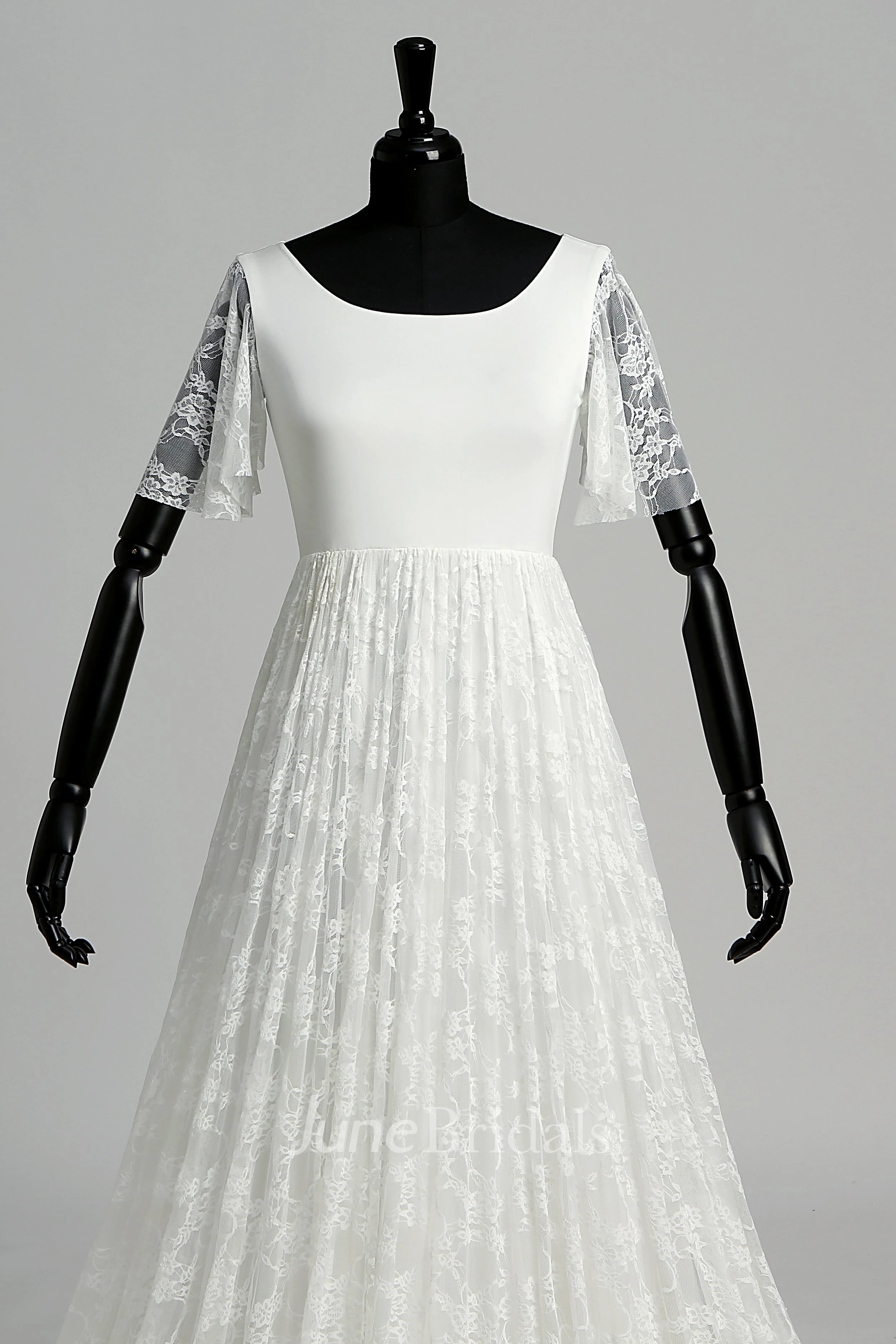 Floor-length Sweep/Brush Train A-line Scoop Illusion Short Sleeve Satin Lace Weeding Dress