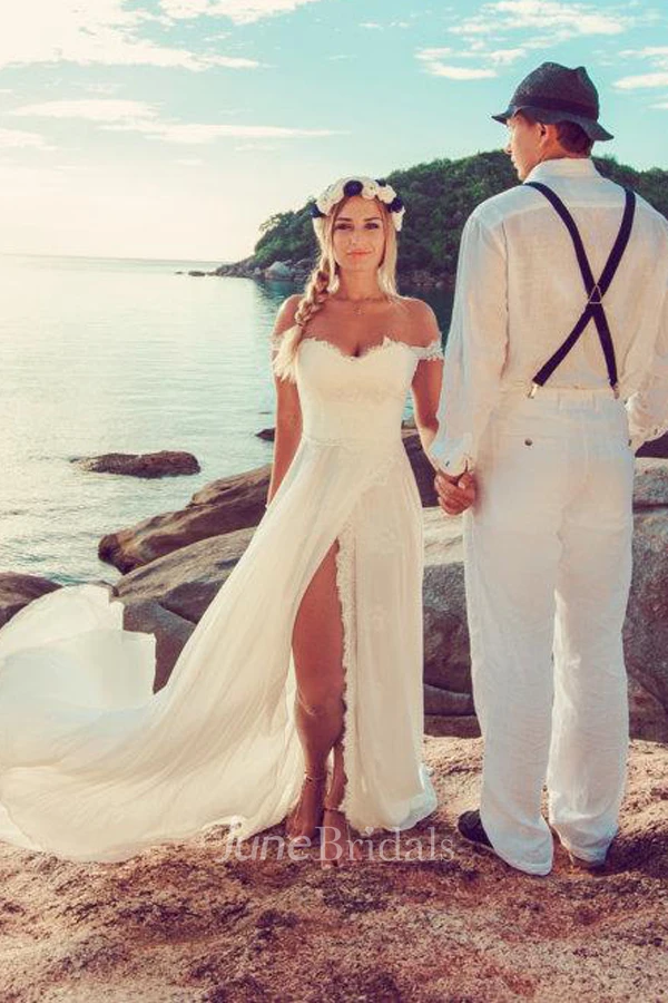 Off-The-Shoulder Lace Beach Chiffon Split Front Wedding Dress With Lace