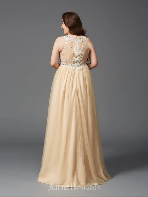 A-line Floor-length Scoop Sleeveless Tulle Appliques Pleats Illusion Dress