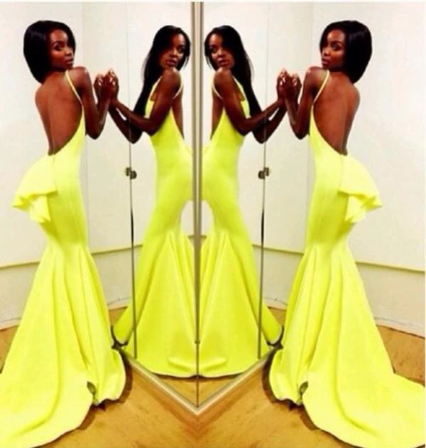 Sexy Backless Yellow Mermaid Prom Dresses Sleeveless Spaghetti Straps Evening Gowns