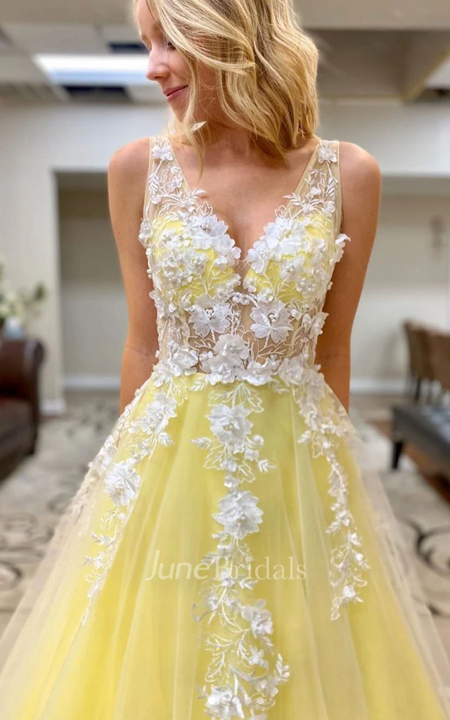 Adorable A Line Tulle V-neck Sleeveless Evening Dress with Appliques and Flowers