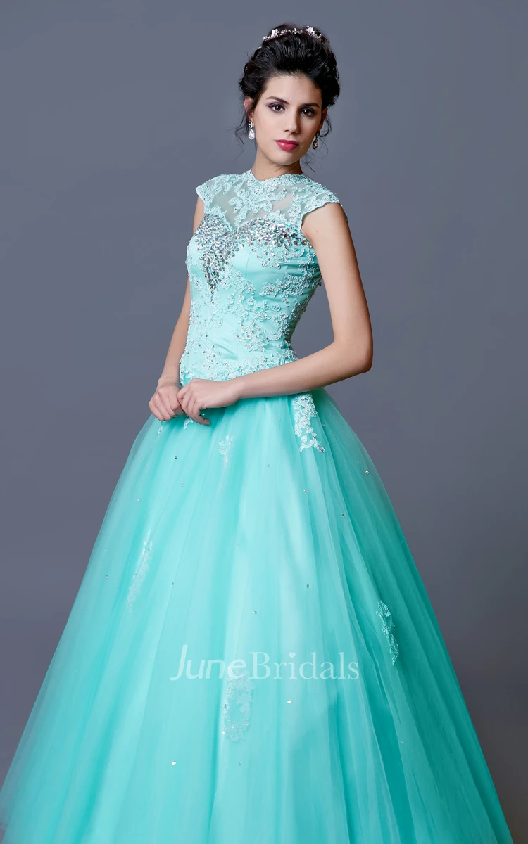 High Neck Cap Sleeve Quinceanera Gown with Appliques and Beading