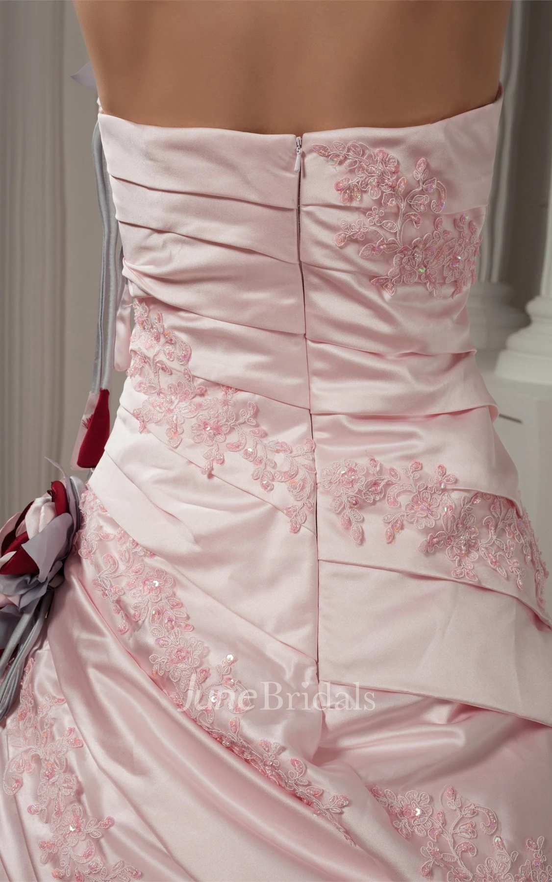 Strapless Appliqued Ball Gown with Flower and Side Ruching