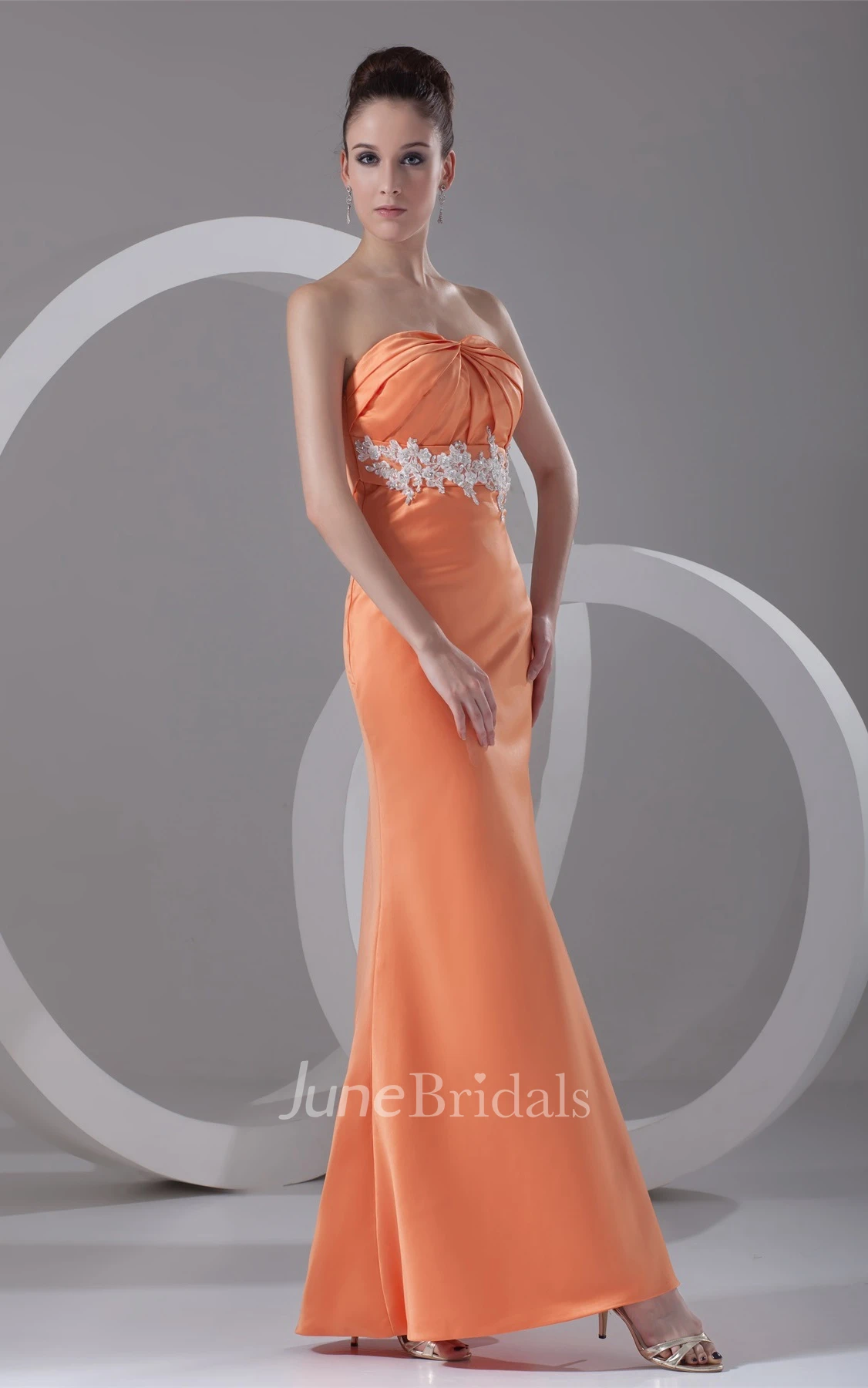 strapless ankle-length ruched satin dress with appliqued waist