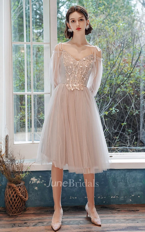 Casual Tulle Bateau Halter Off-the-shoulder A Line Cocktail Homecoming Dress With Appliques