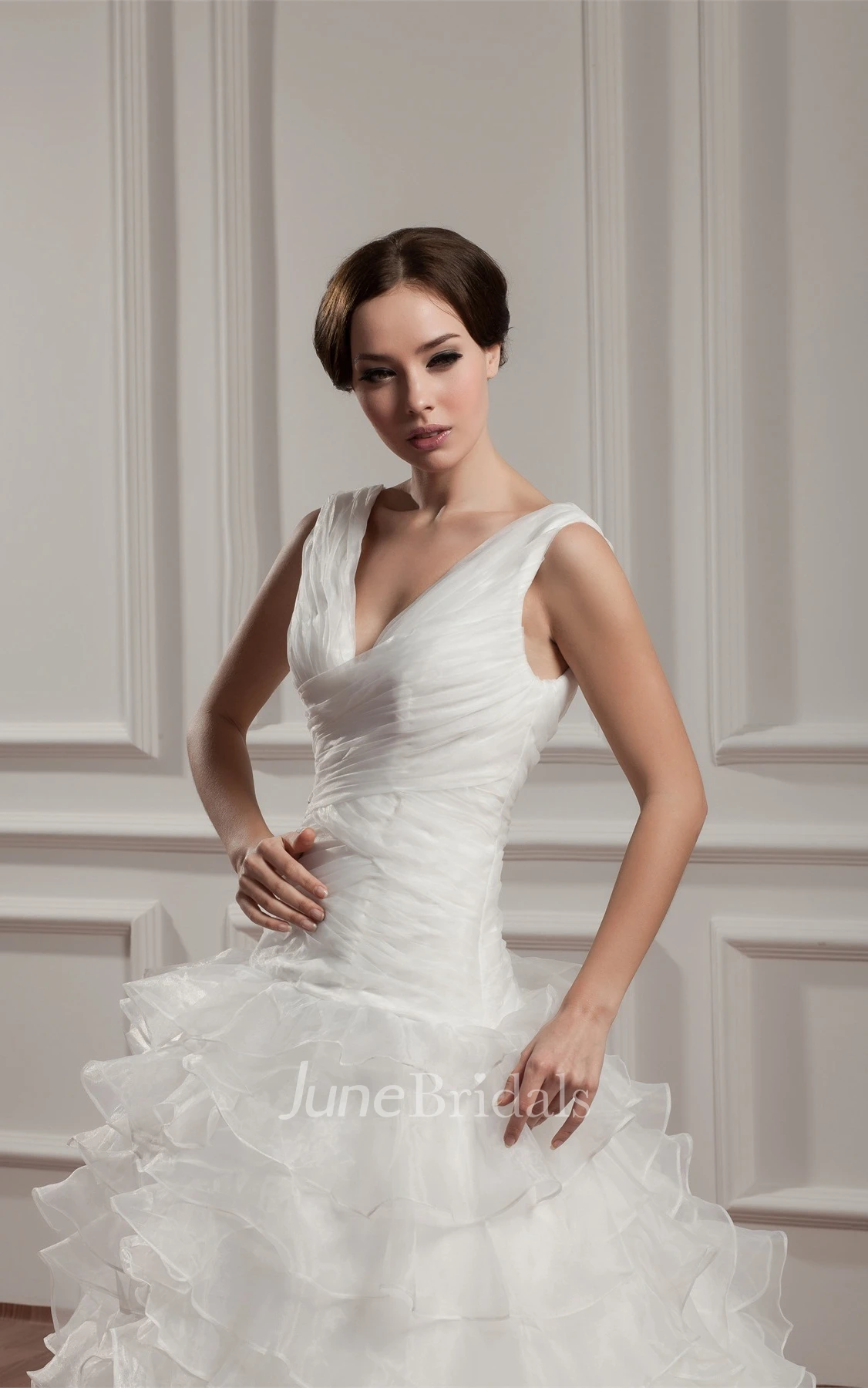 Plunged Sleeveless Ruffled Gown with Tiers and Court Train