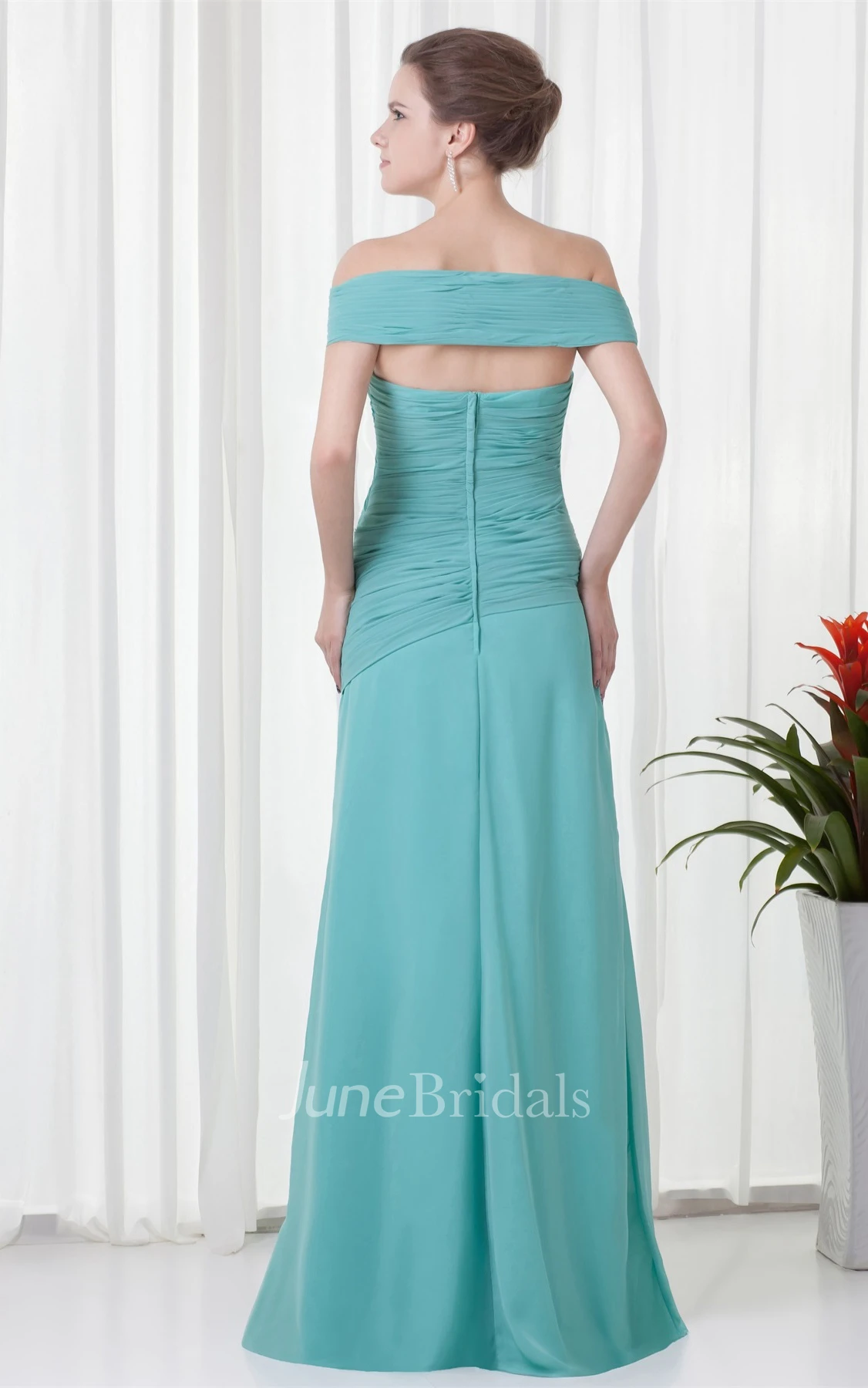 Off-The-Shoulder Chiffon Front-Split Dress with Ruching and Appliques