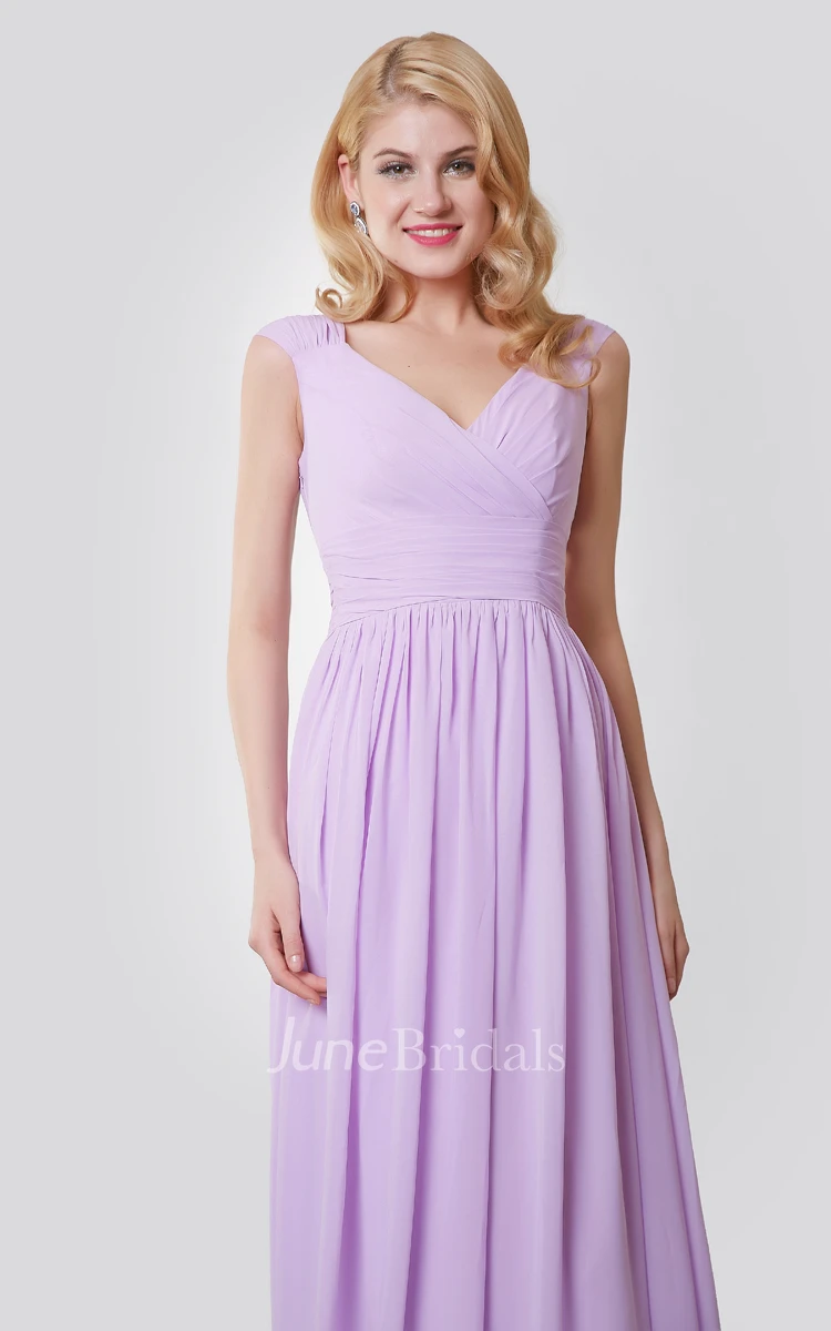 Cap-Sleeved V-Neck Pleated Chiffon Dress With Ruching and Back Bow