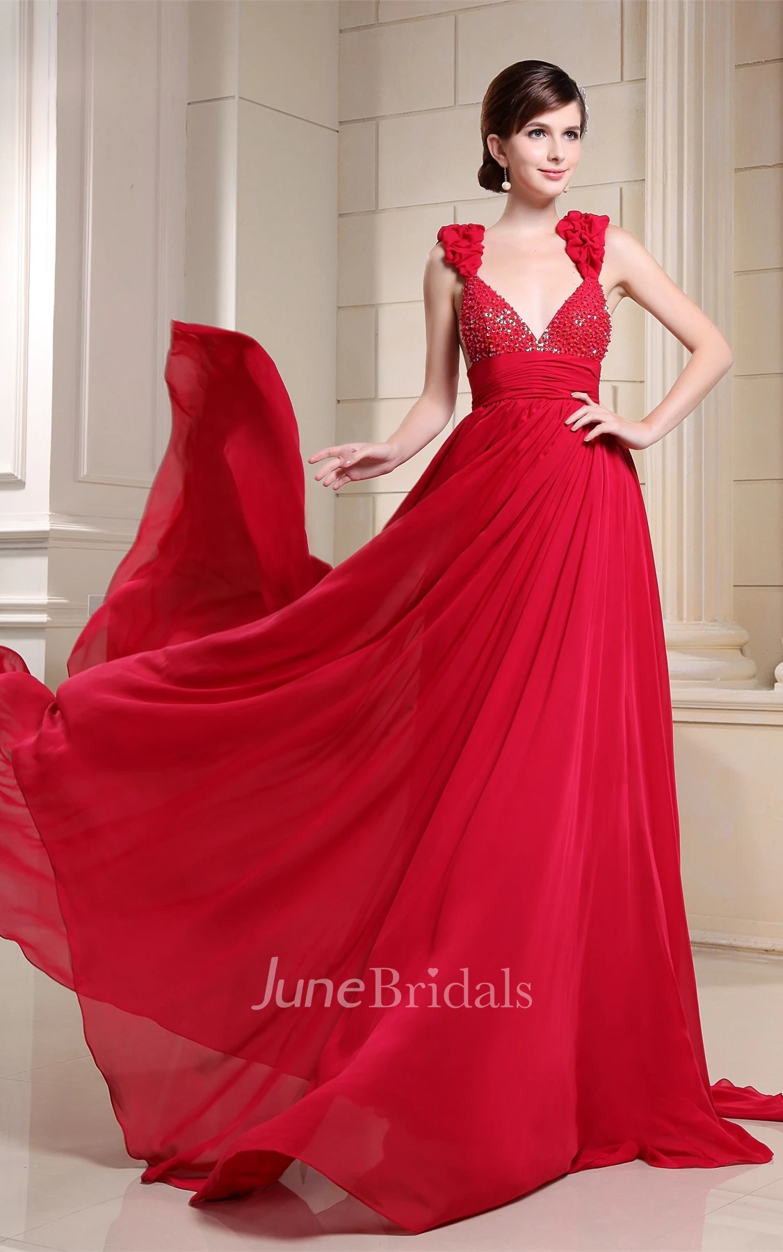Plunged Chiffon Maxi Dress with Beading and Ruffled Straps
