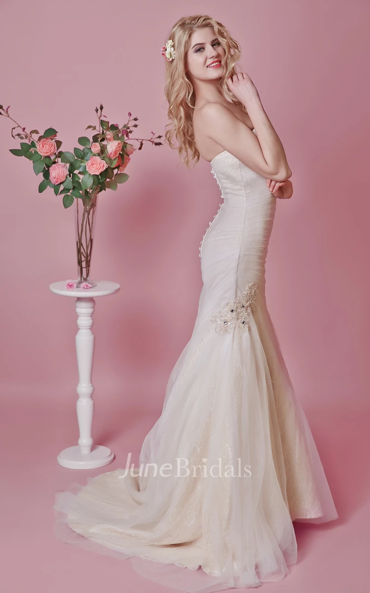 Strapless Backless Tulle Mermaid Dress With Appliques