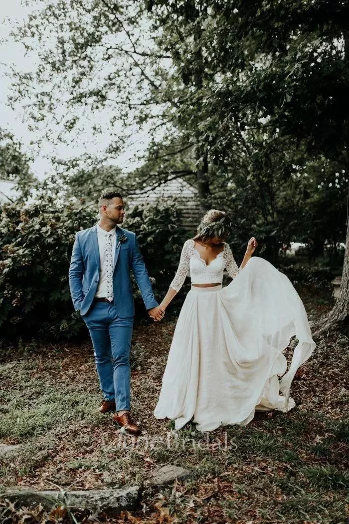 Two Piece V-neck Illusion 3-4 Length Sleeve Floor-length Lace Wedding Dress with Ruching Ruffles