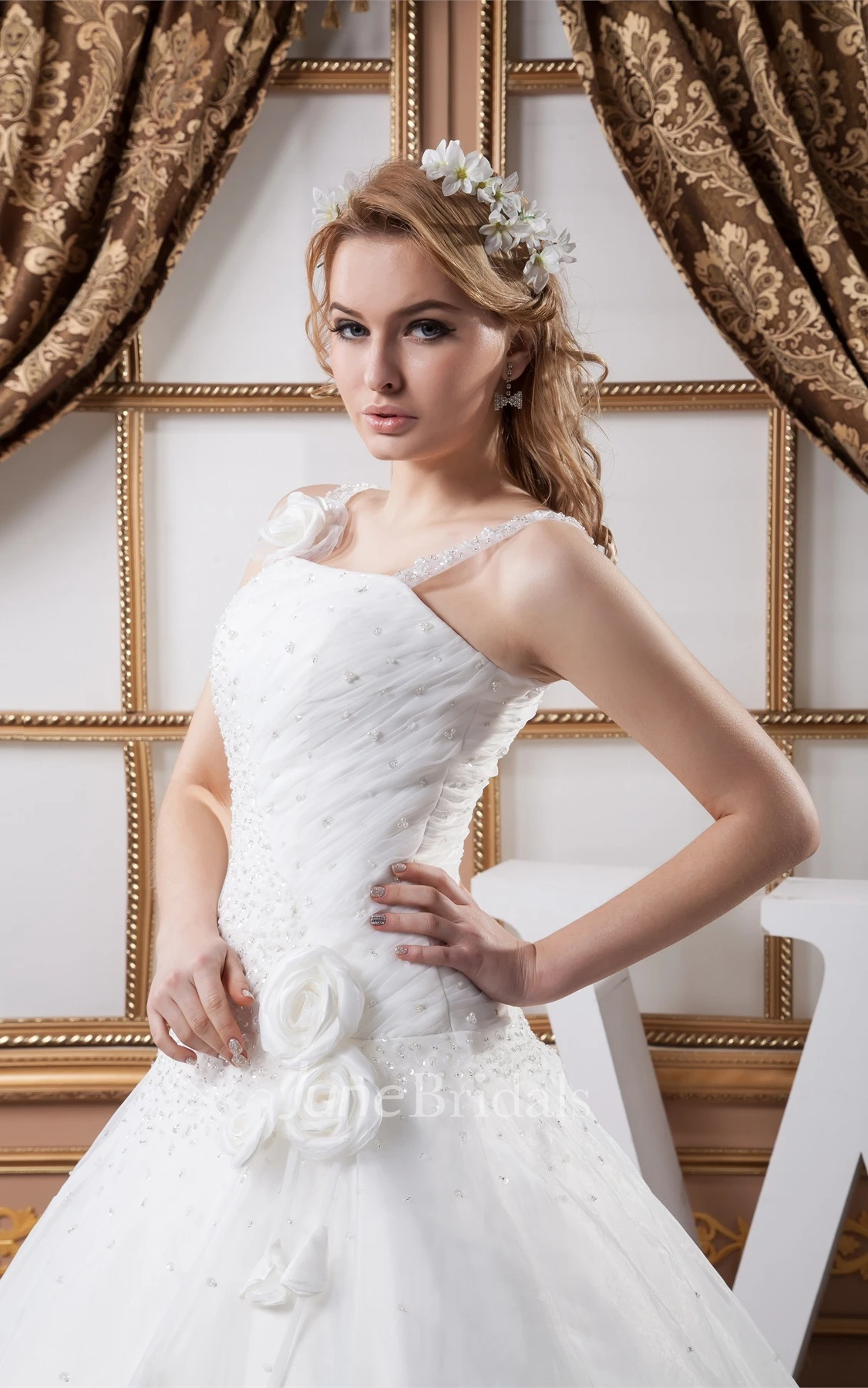 Sleeveless Tulle A-Line Gown with Flower and Gemmed Top