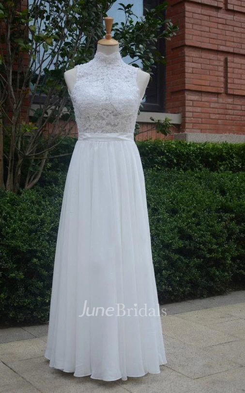 Long Chiffon Lace Weddig Dress With Beading Keyhole Back