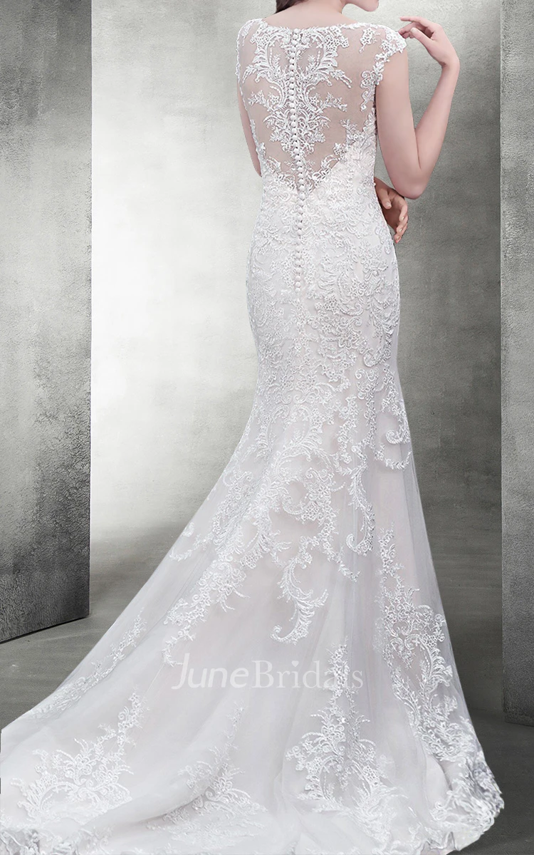 Delicate Short Sleeves Scoop Long Lace Wedding Dress Illusion Back