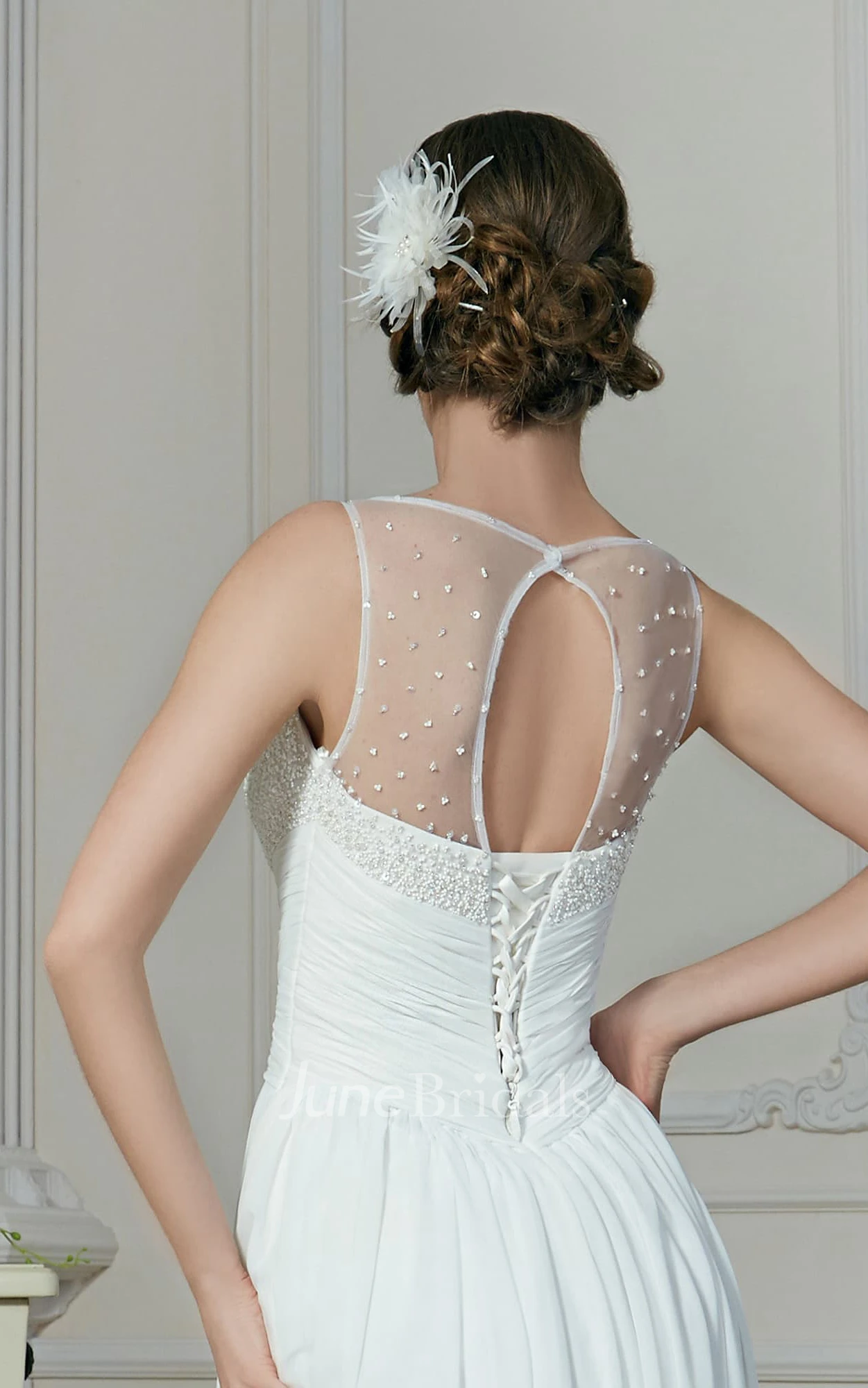 A-Line Maxi Scoop-Neck Sleeveless Lace-Up Chiffon Dress With Pleatings And Beading