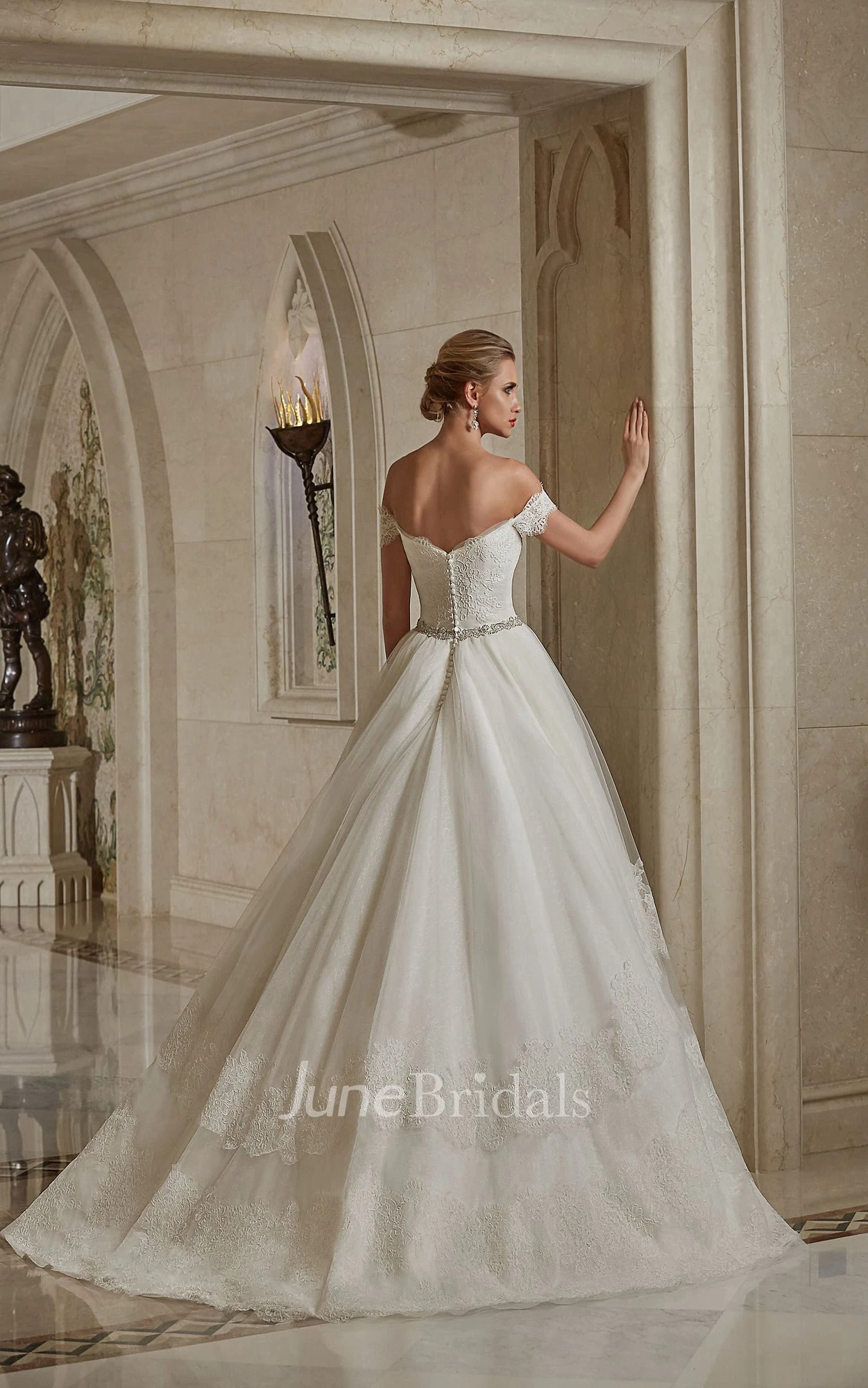 A-line Off-the-shoulder Sweetheart V Back Lace Dress With Crystal Detailing 