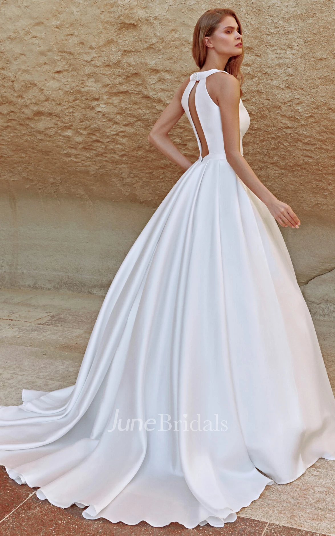 Romantic Satin Sleeveless Court Train Ball Gown Halter Wedding Dress with Ruching