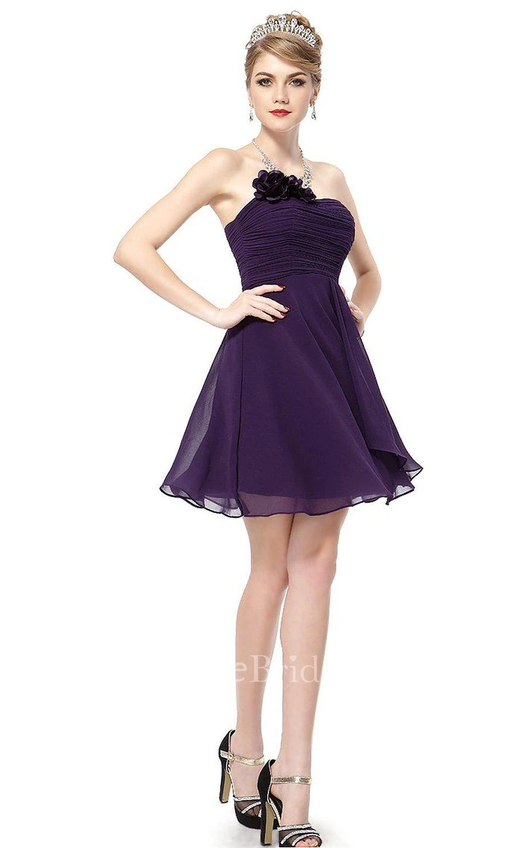 Strapless Mini Chiffon Dress With Flower Detail