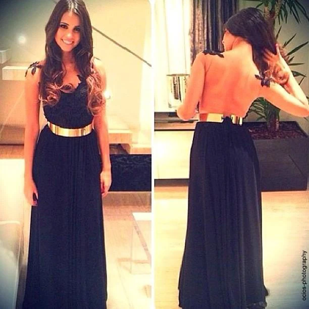 Sweetheart Blue Vestidos Chiffon Evening Dress Navy Tulle Prom Gowns With Gold Belt