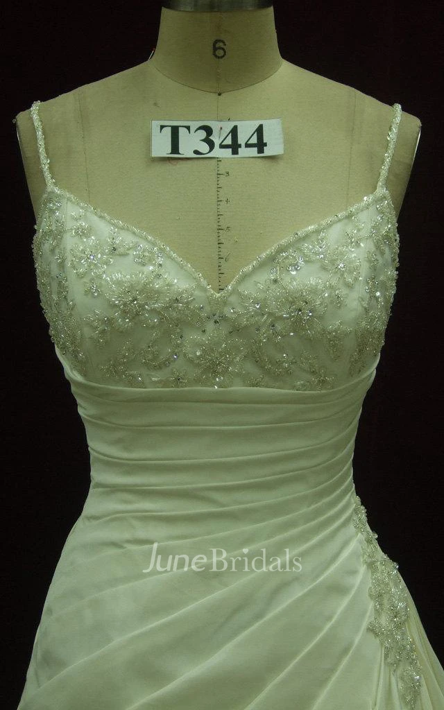 Strapped Lace Satin Weddig Dress With Pleats