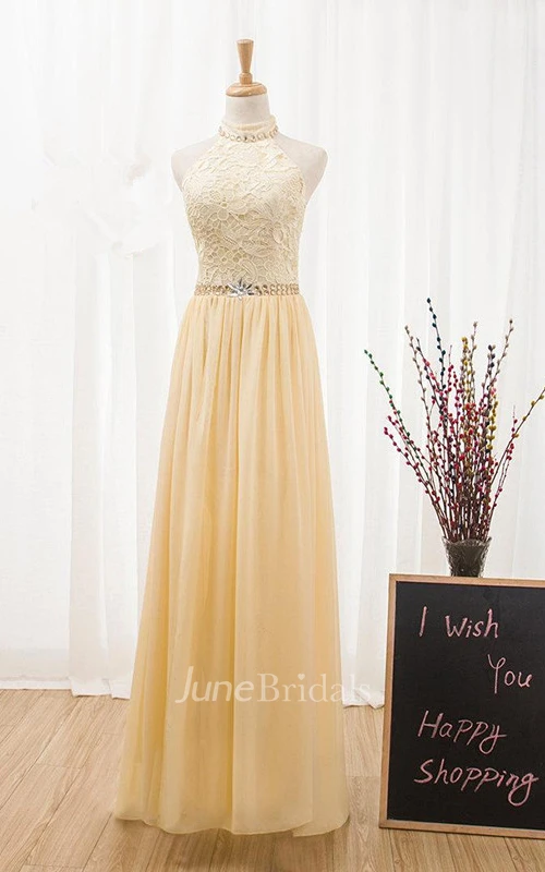 High-neck Sneath Lace Dress With Chiffon Skirt And Beading