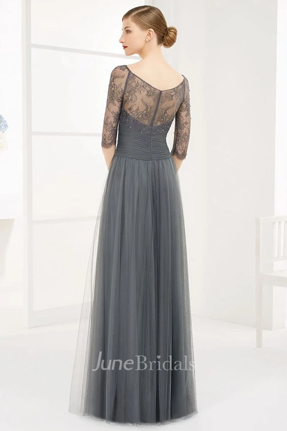 Bateau Half Sleeve Tulle Long Prom Dress With Lace Top And Crystal Waist