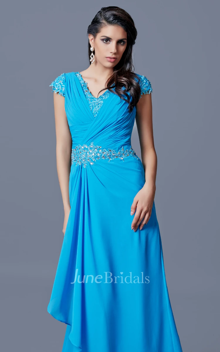 Sexy V-neckline Ruched Bodice Side-draped Beaded Chiffon Dress