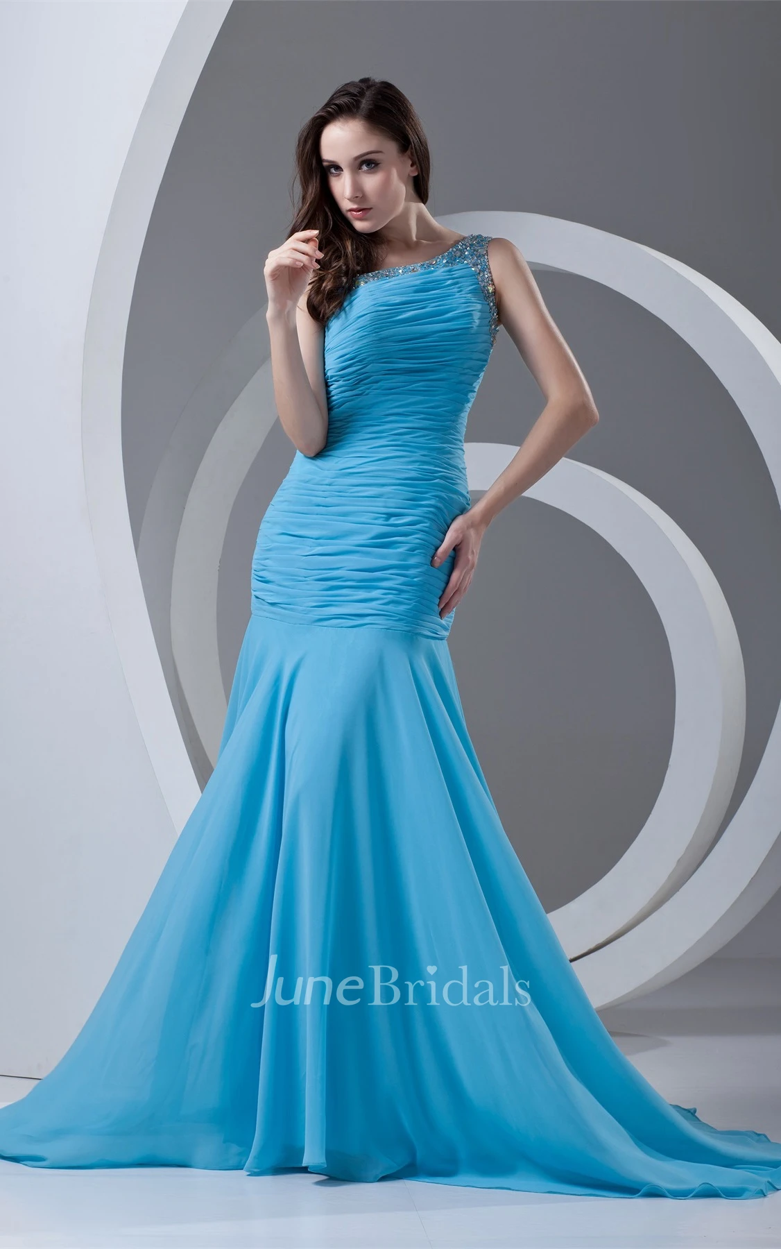 One-Shoulder Column Beaded Dress with Ruched Bodice