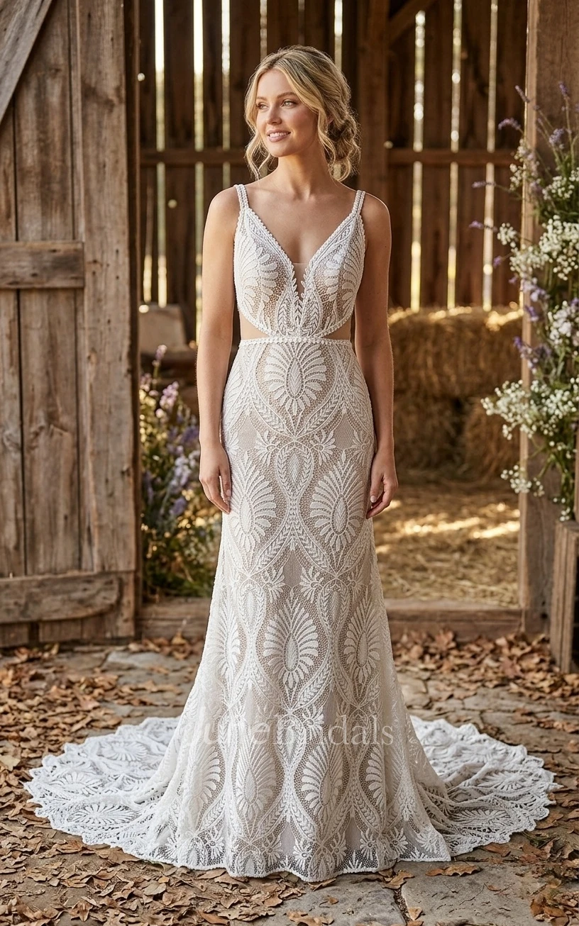 Country Sleeveless Lace Wedding Dress Bohemian Backless Sheath Gown for Destination Weddings