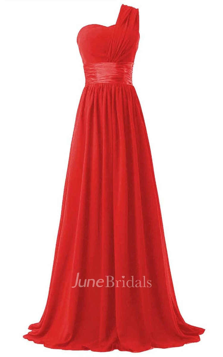 One-shoulder Ruched Sweep Train With Satin Belt