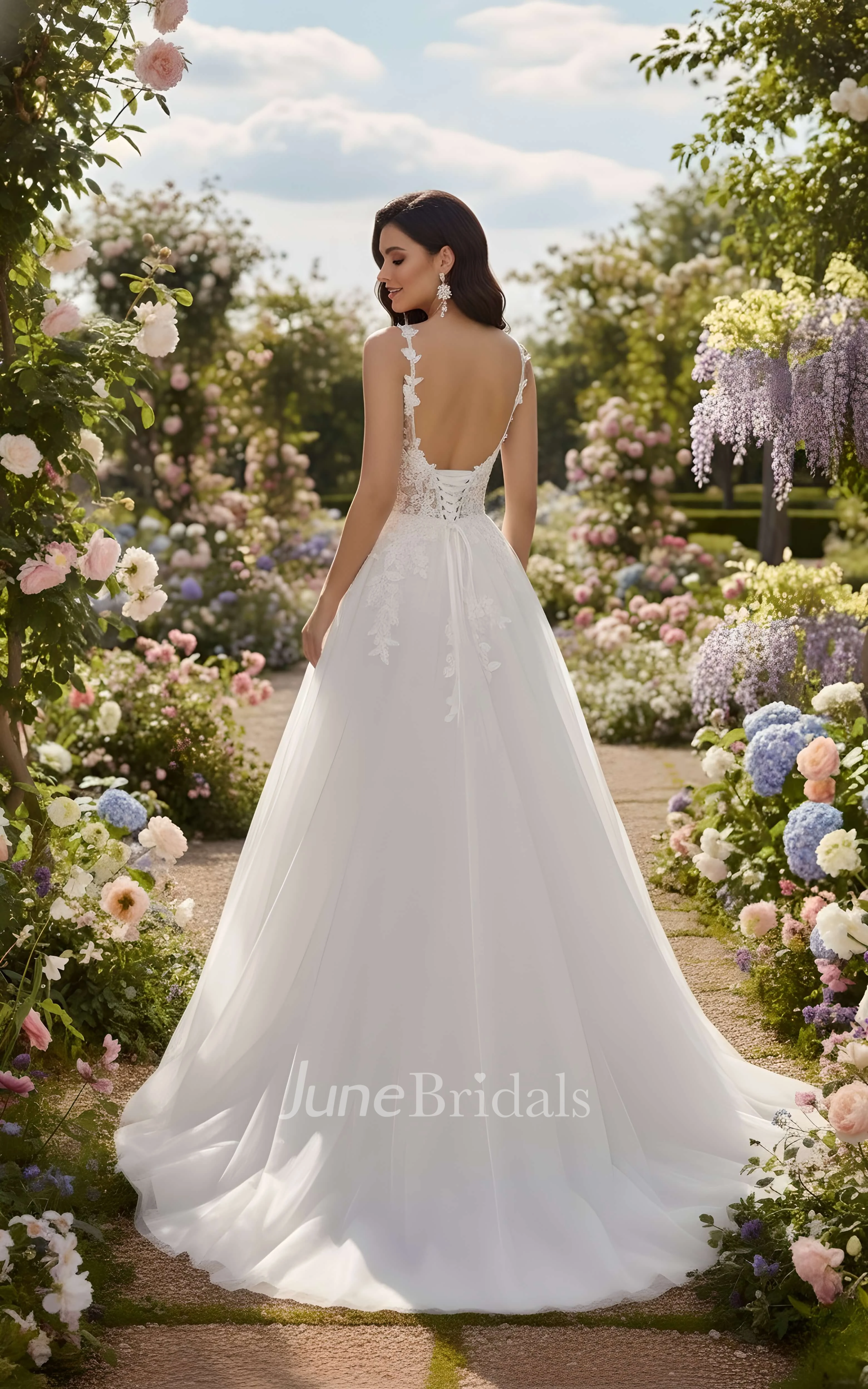 Modern Spaghetti Floral Lace A-Line Winter Wedding Dress Elegant Deep V-Neck Chiffon Garden Bridal Gown