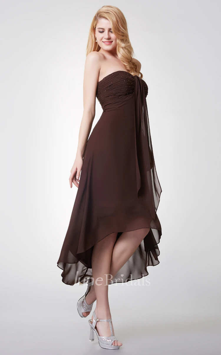 Shinning Sleeveless Empire Waist Tea-length Chiffon Dress With Ruching