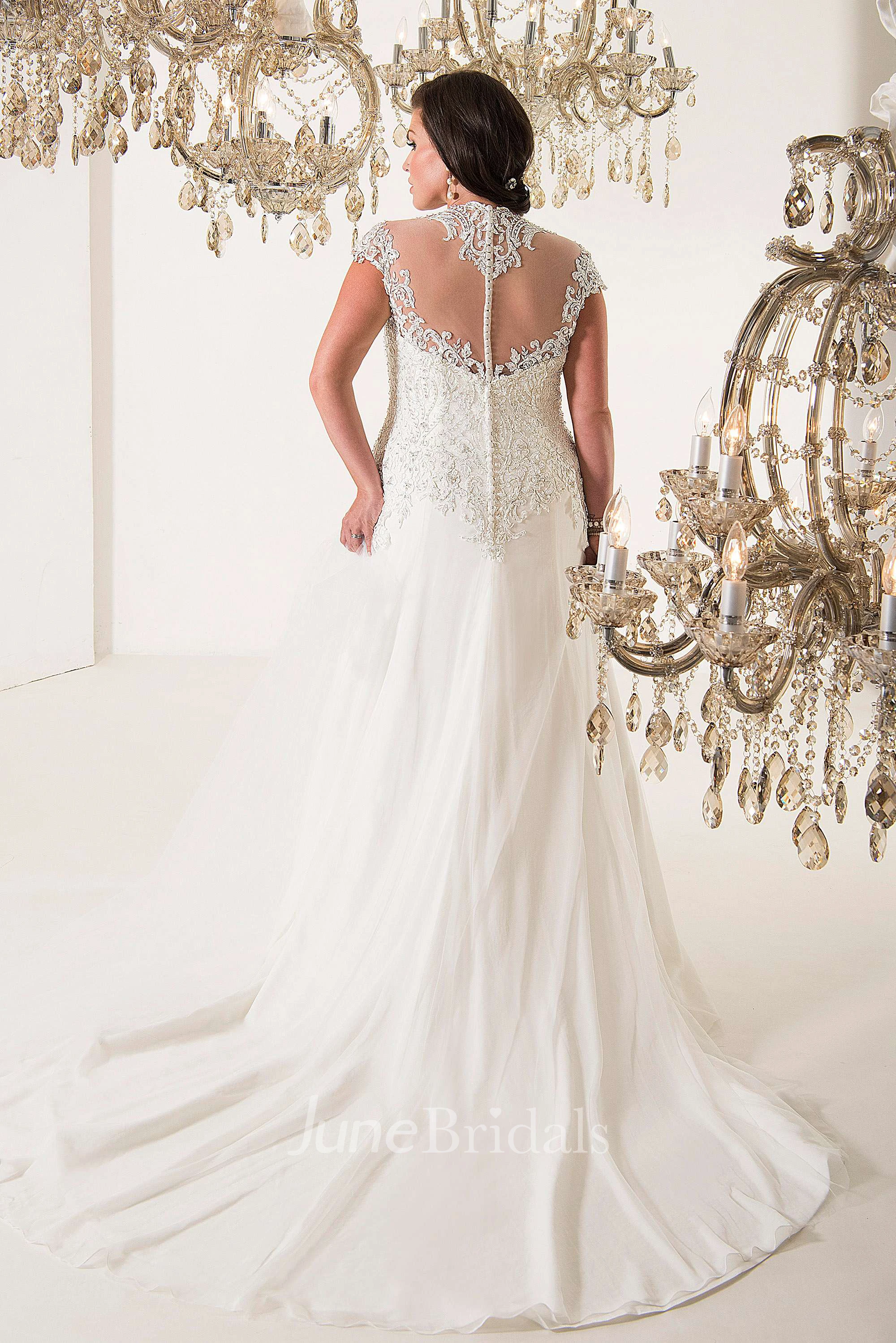 A-Line Long V-Neck Cap Tulle Chiffon Court Train Illusion Appliques Dress