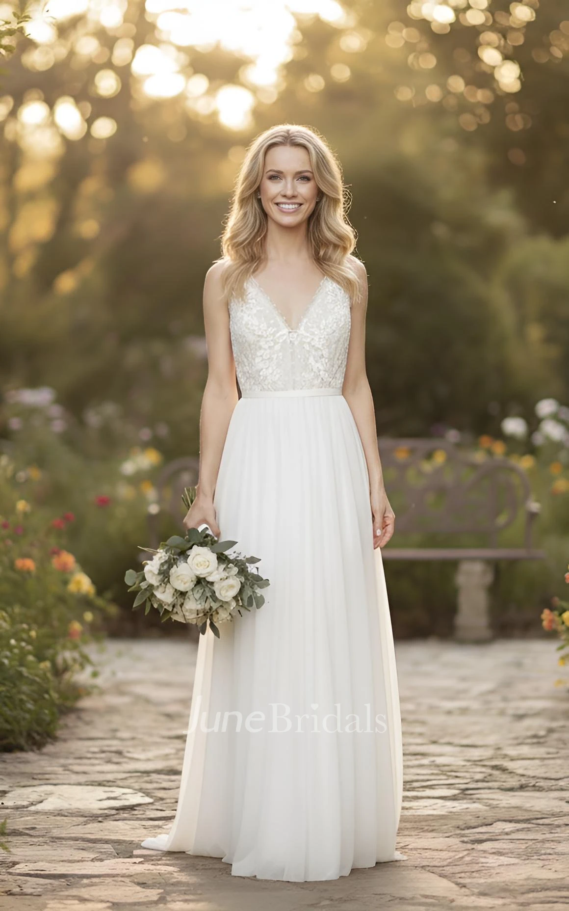 A-Line Lace Wedding Dress V-Neck Sleeveless Chiffon Gown for Garden & Outdoor Wedddings