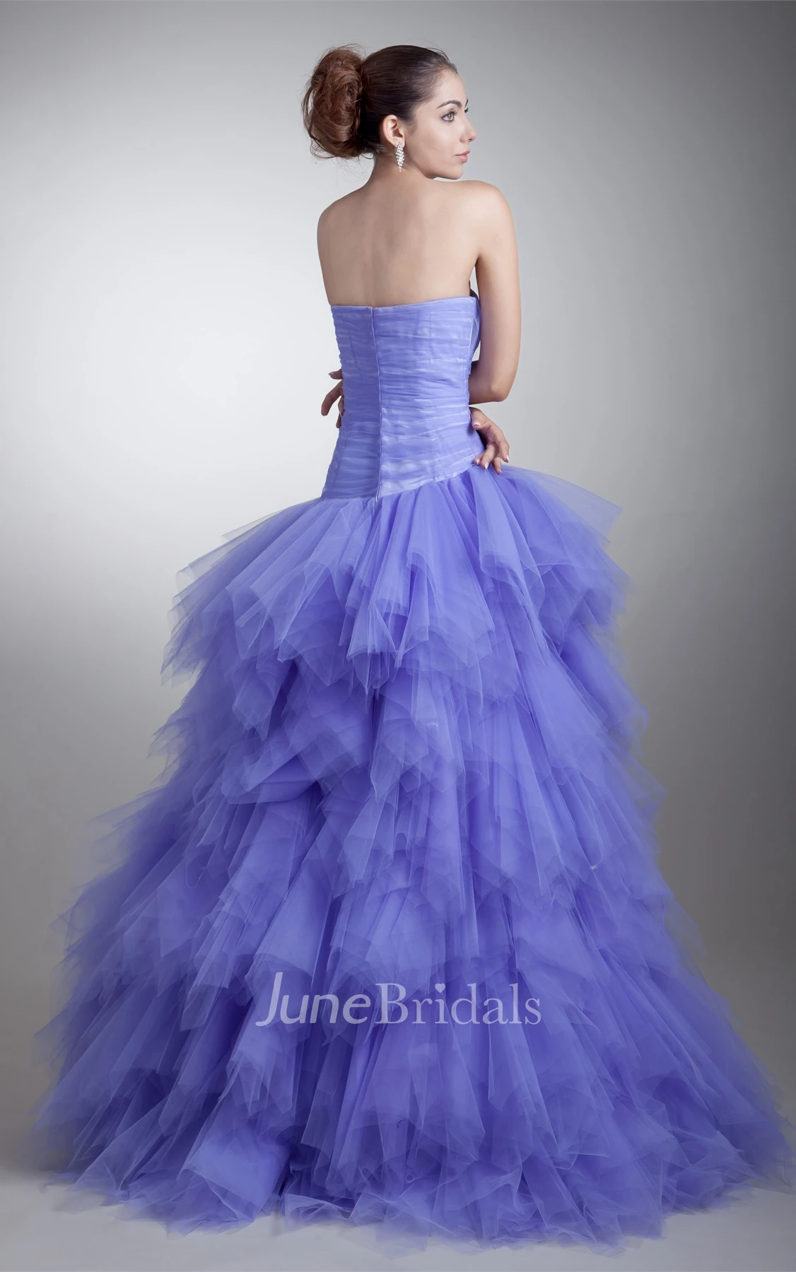 strapless tiered ball a-line criss-cross gown with ruffles