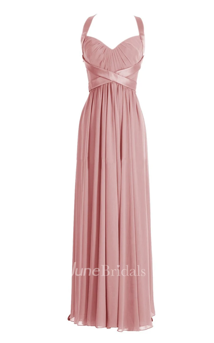 Halter Pleated Chiffon A-line Gown With Deep-v Back