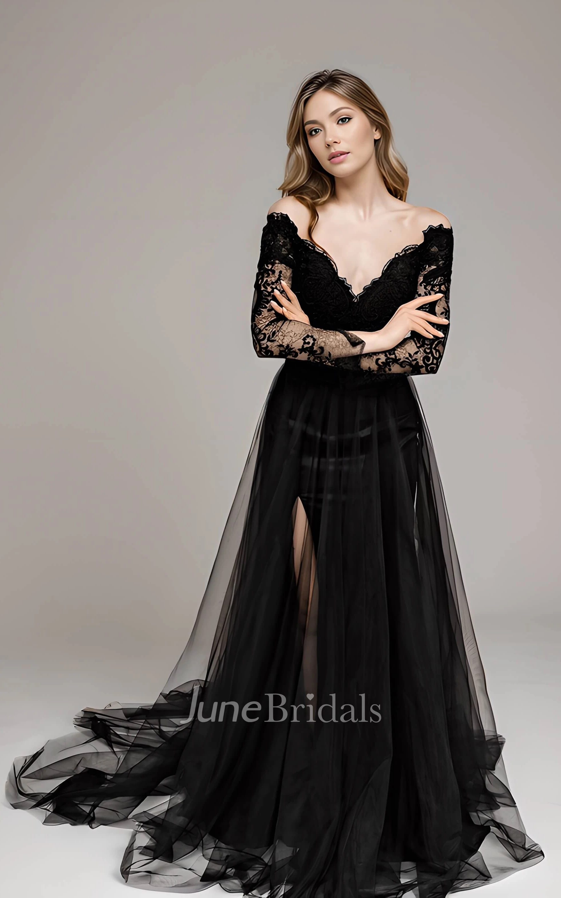 Modest Detachable Gothic Black A-Line Boho Lace Wedding Dress Elegant Side  Slit Illusion Sleeves Court Train Bridal Gown - June Bridals