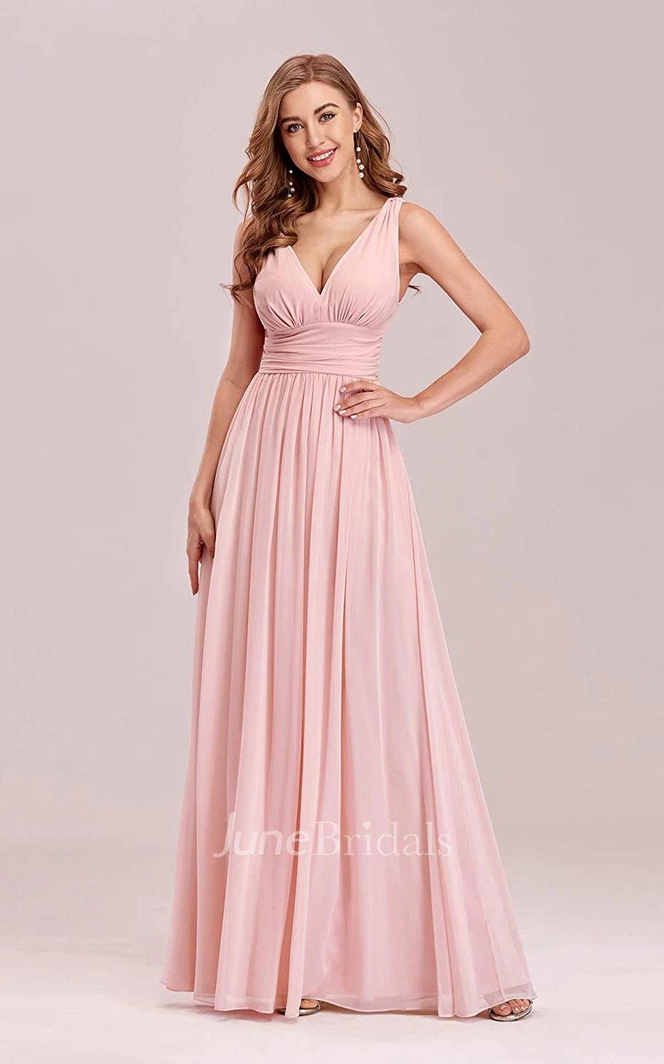 A Line V-neck Chiffon Sleeveless Evening Dress With Ruffles
