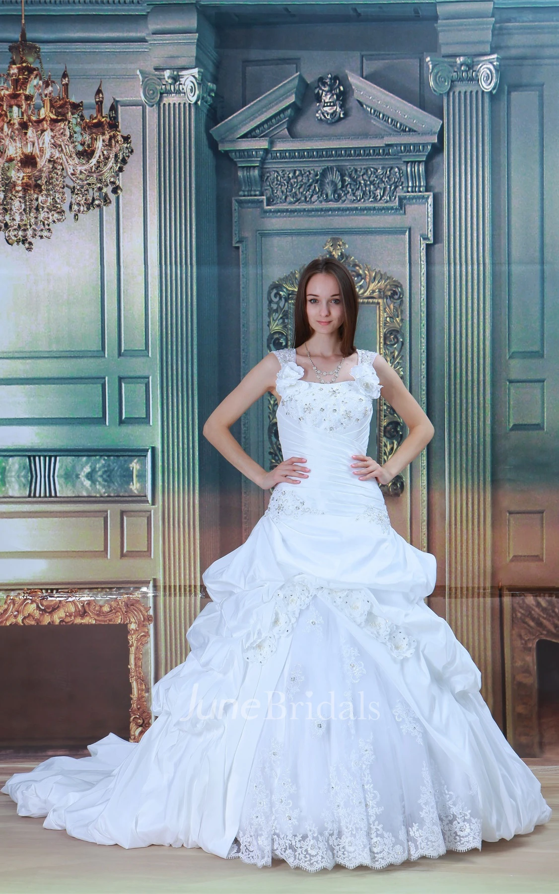 lace pick-up ball a-line strapped gown with pick-up design and beading