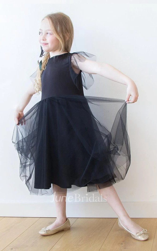 Illusion Short Sleeve Knee Length Tulle Little Girl Dress