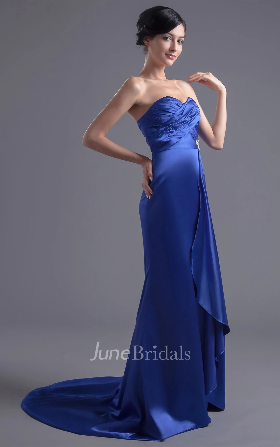 sweetheart sheath criss-cross dress with brush train and draping